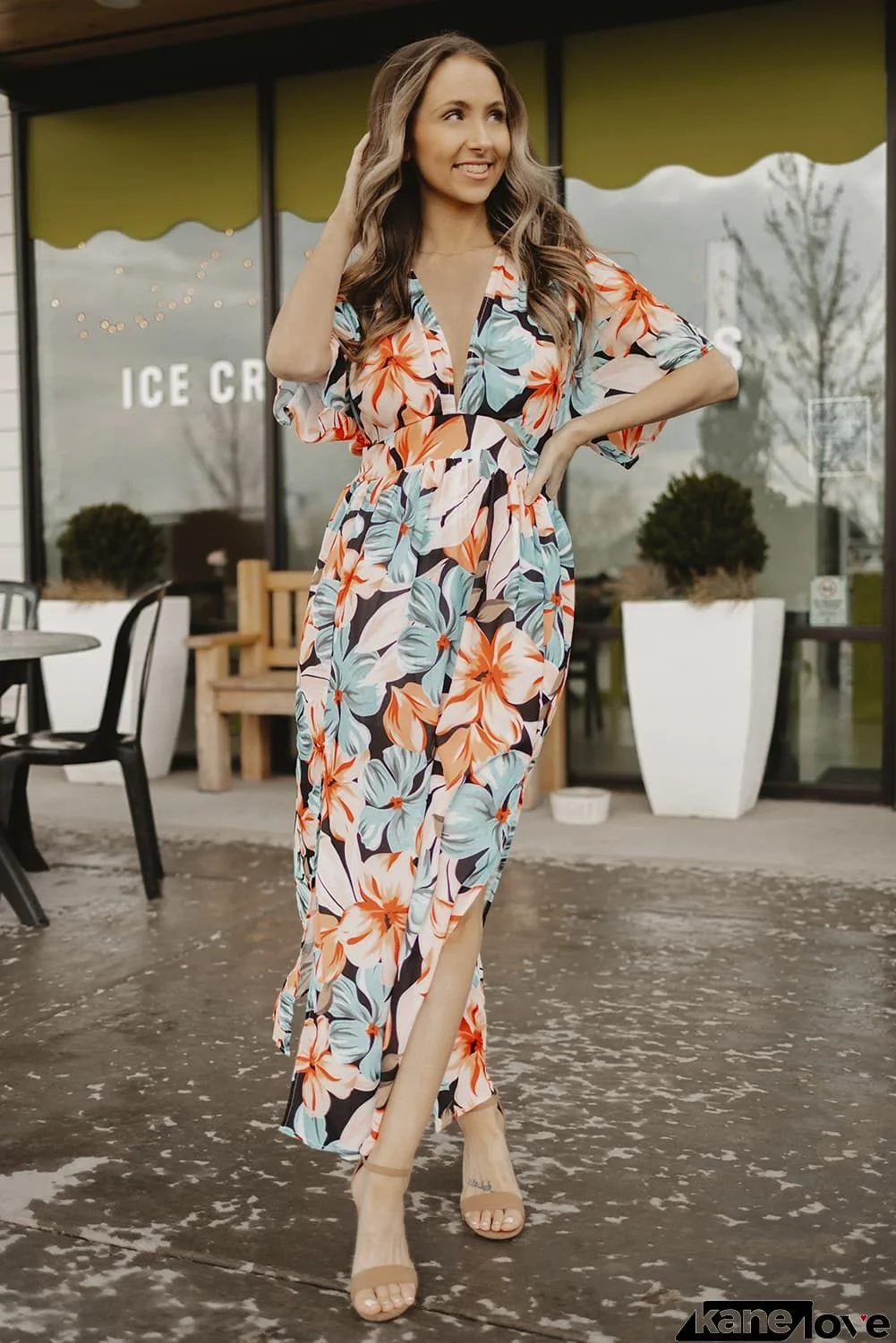 Floral Slit Plunge Short Sleeve Dress