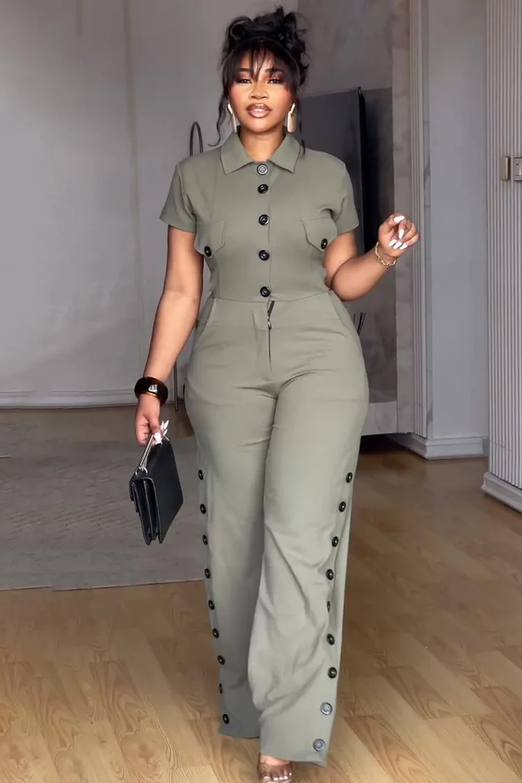 Short Sleeve Turndown Collar Button Up Wide Leg Jumpsuit-Olive [Pre Order]