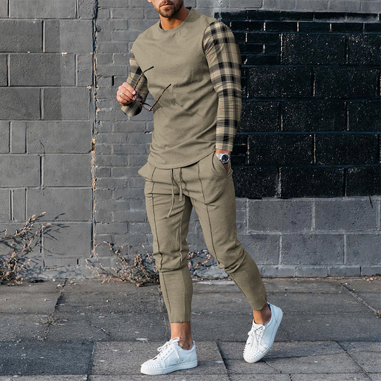 Hiboyz Men's Check Panel Casual Long Sleeve T-Shirt And Pants Two Piece Set