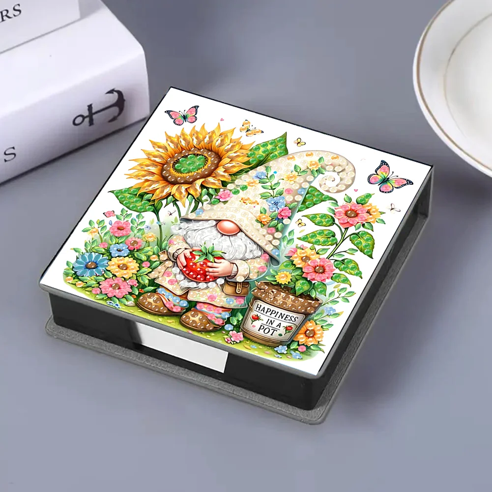 DIY Flower Gnome Leather Diamond Art Note Box with 160 Sheets of Paper for Beginners