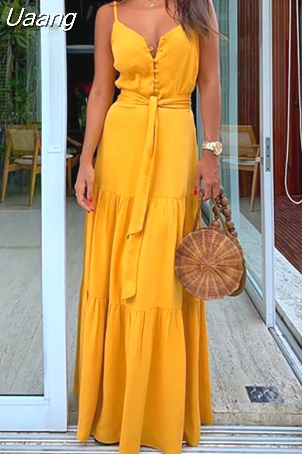 Uaang Neck Button White Beach Dress Belt High Waist Casual Vintage Vestidos Summer Women Holiday A Line Sling Party Long Dress Femme