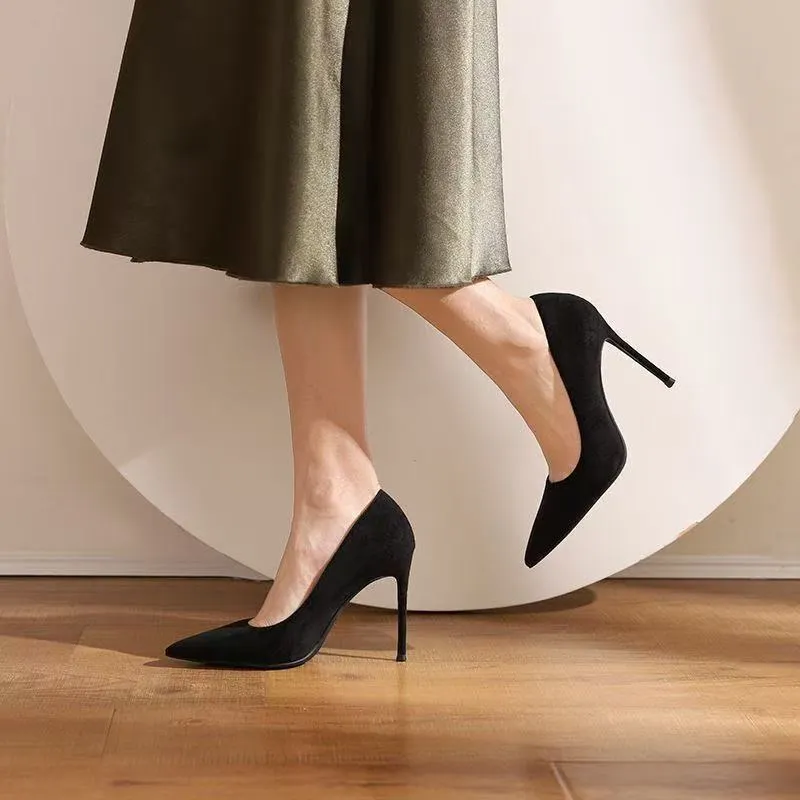 Breakj Breakj Women 2025 Spring And Autumn New Black Fine Tip Light Mouth Velvet Professional Shoes Large-Size Etiquette Shoes