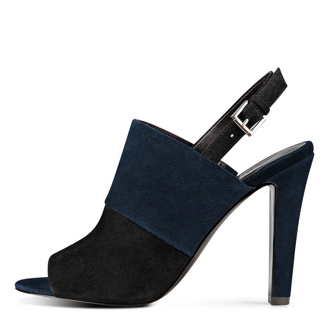 Vegan Suede Peep Toe Buckle Strap Chunky Heel Slingback Navy Heels