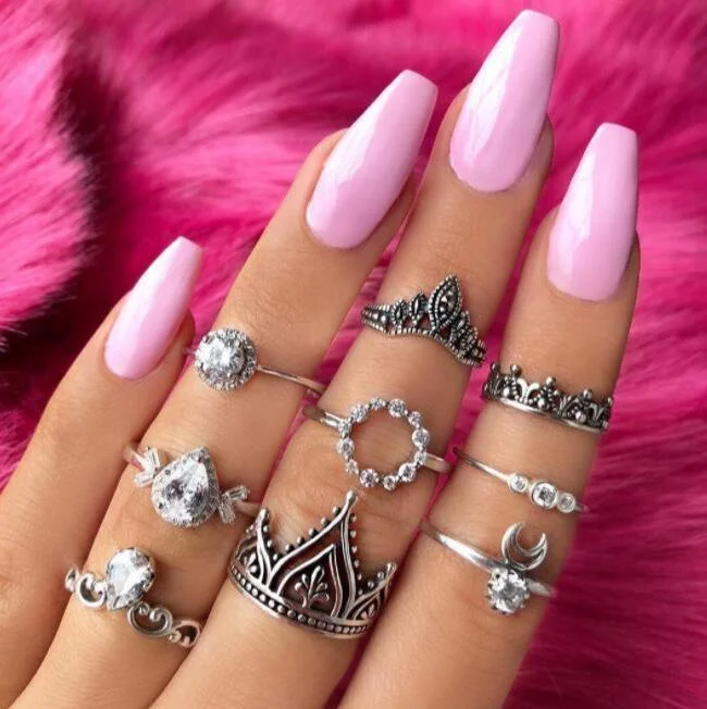 Women plus size clothing 9 Piece Set Ethnic Style Inlaid Diamond Crown Ring Wholesale Cheap Jewelry-Nordswear