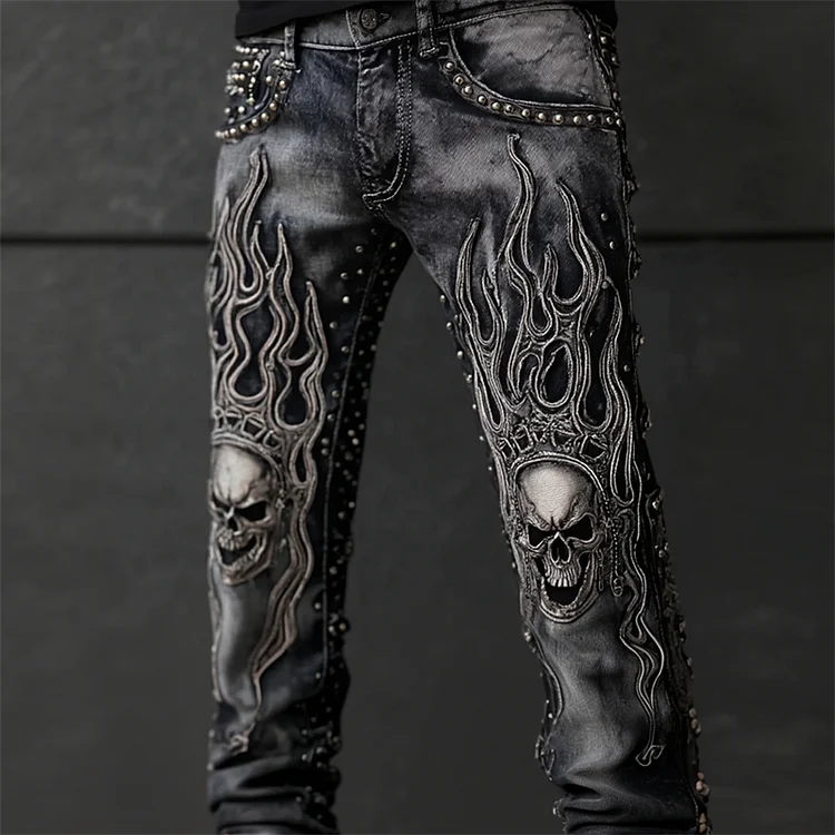 Men's Skulls & Flame Contrast Rock Studded Washed Jeans