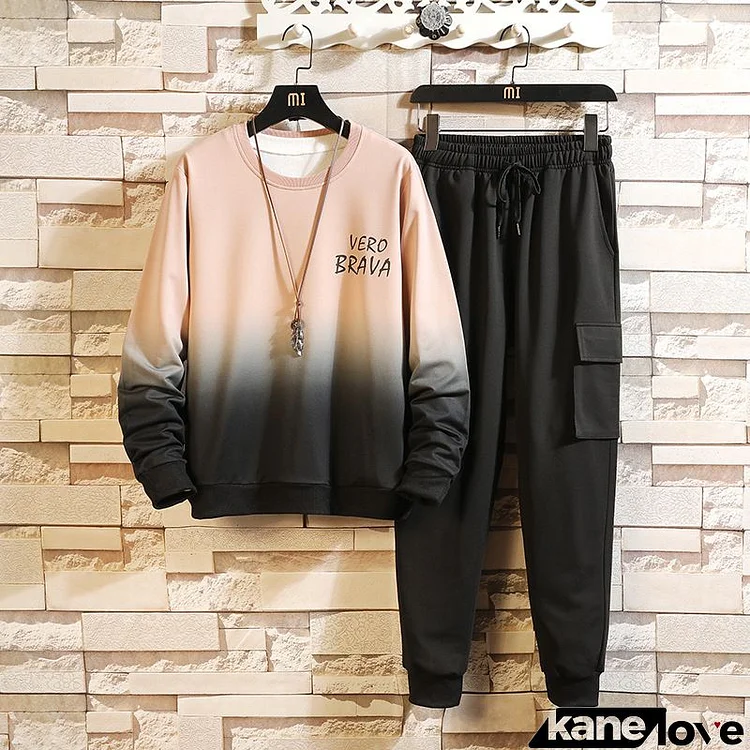 Men Casual Long Sleeve Round Neck Letter Printed Sweatshirt And Drawstring Waist Jogger Pants Two-piece Set