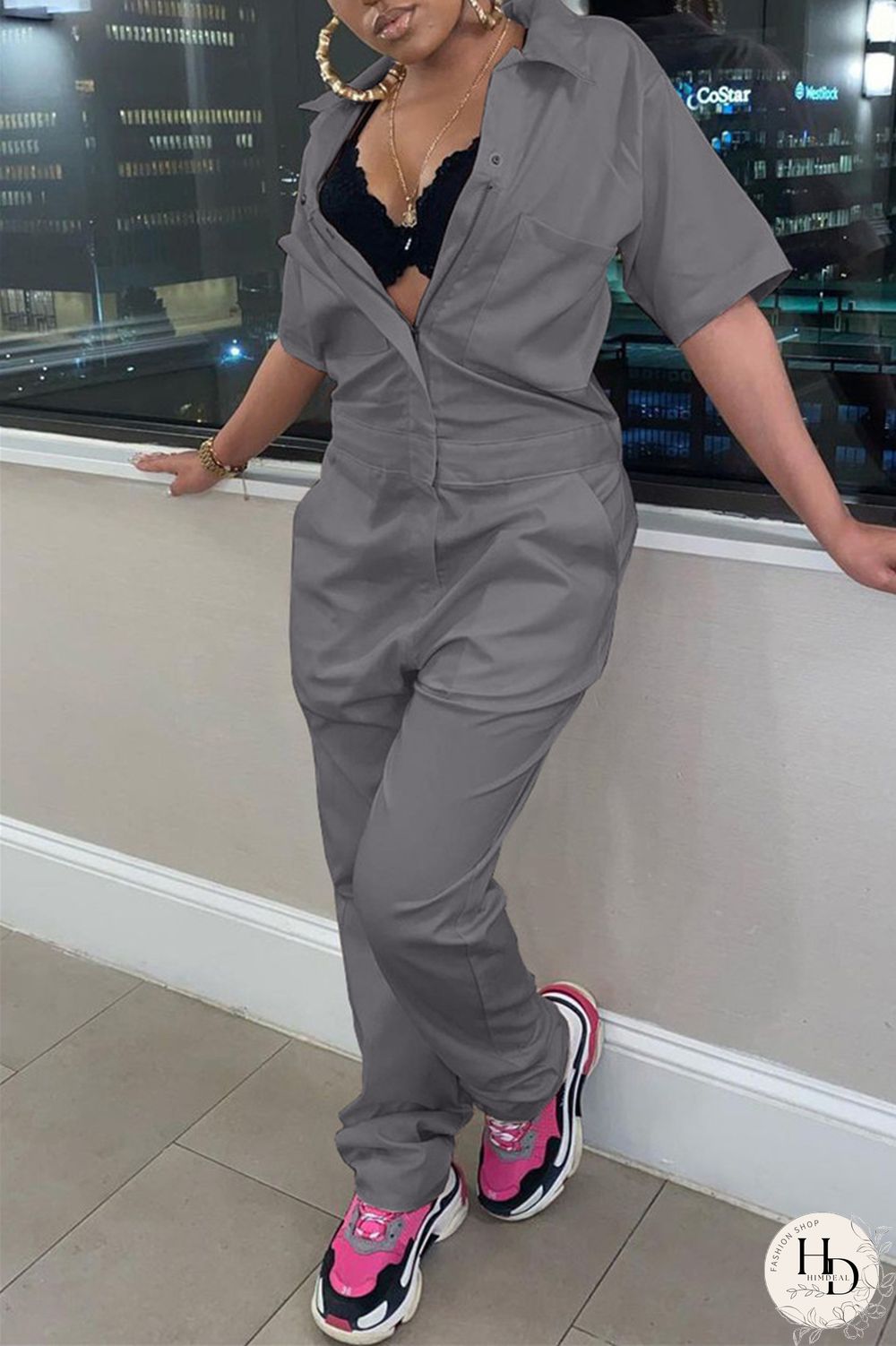 Grey Fashion Casual Solid Basic Turndown Collar Regular Jumpsuits