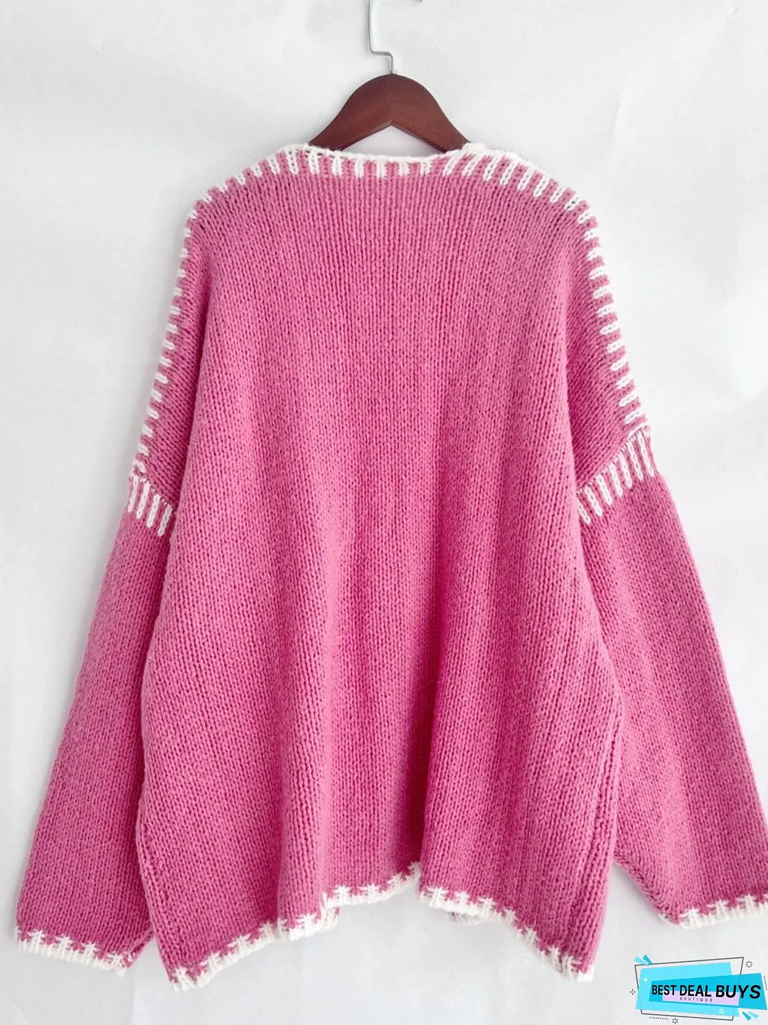 Double Take Contrast Open Front Dropped Shoulder Cardigan