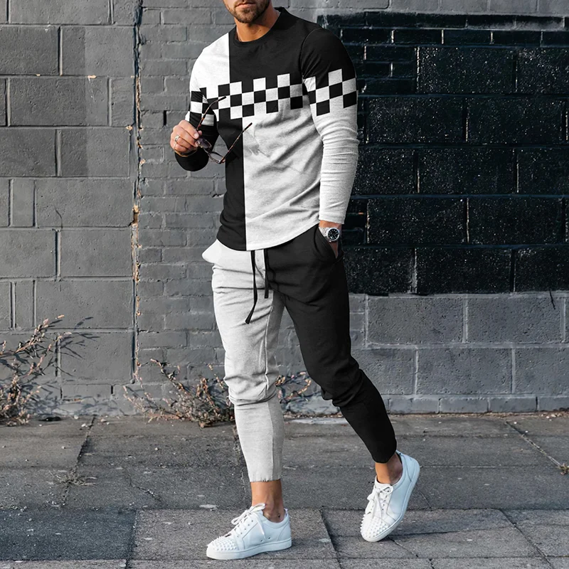 Black And White Checkerboard Print T-Shirt And Pants Co-Ord