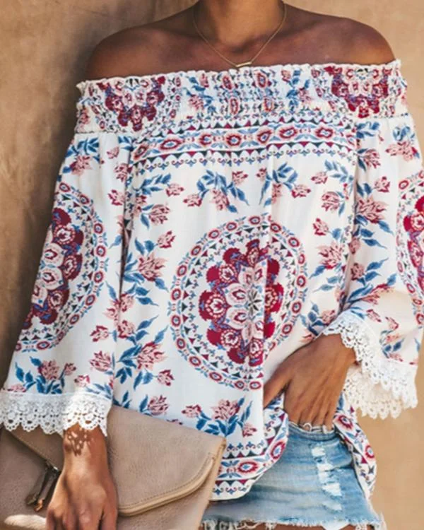 Boho Printed Casual Off Shoulder Shirts & Tops