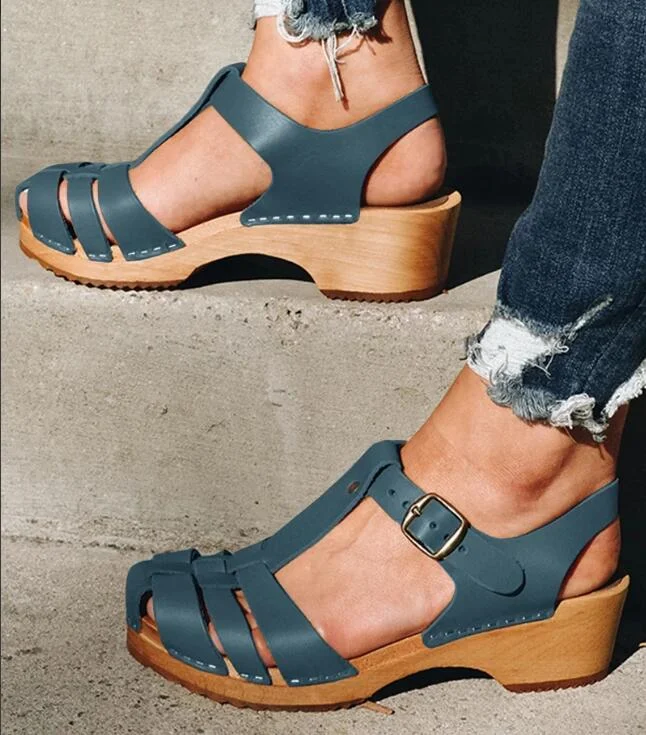 New Summer Women T Strap Sandals Mid Heels Platform Gladiator Ladies Shoes Black Closed Toe Beach Sandals Sandalias Mujer