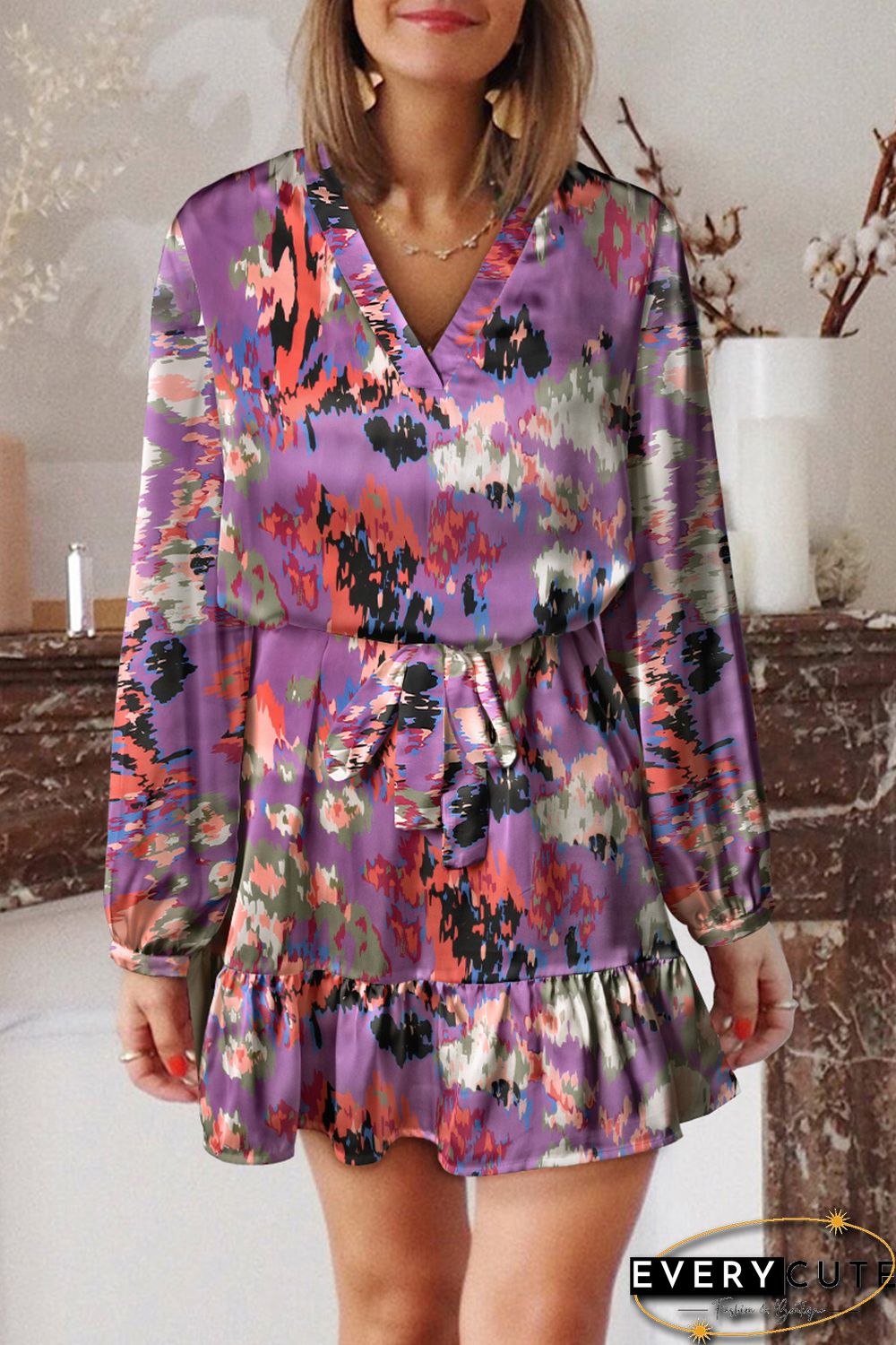 Purple Abstract Print Ruffled Drawstring High Waist Mini Dress