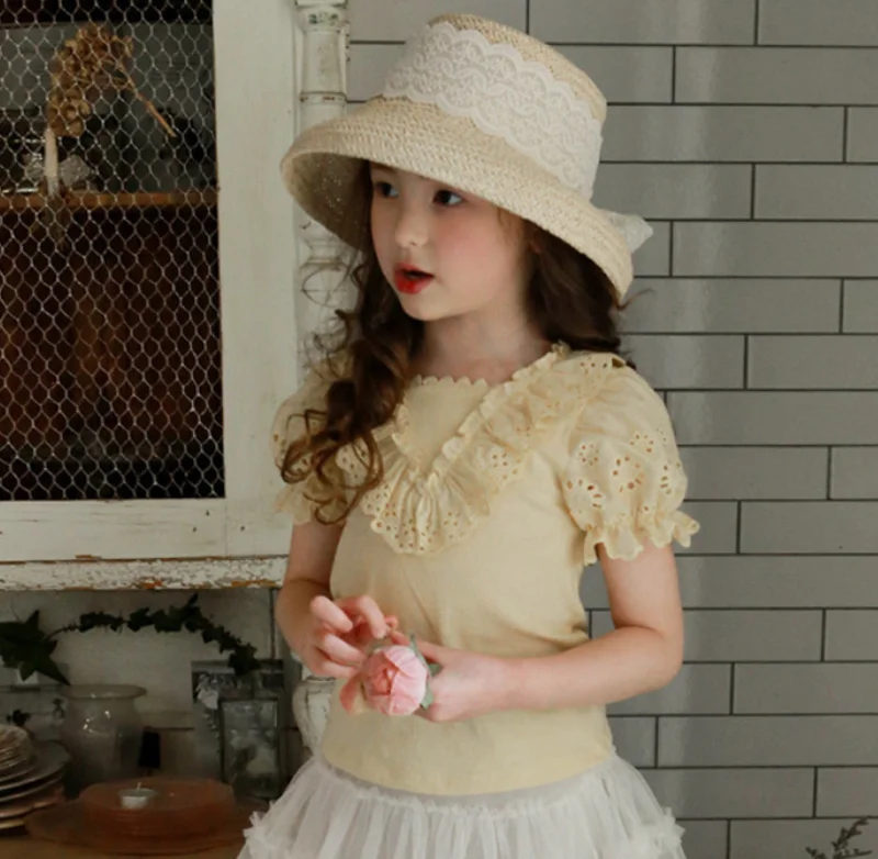 Summer Children's Clothing Solid Color Small And Medium-Sized Girls Triangular Lace Collar Short Sleeve Bubble Sleeve T-Shirt