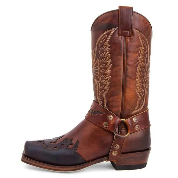 Retro mid calf cowboy boots square toe western boots