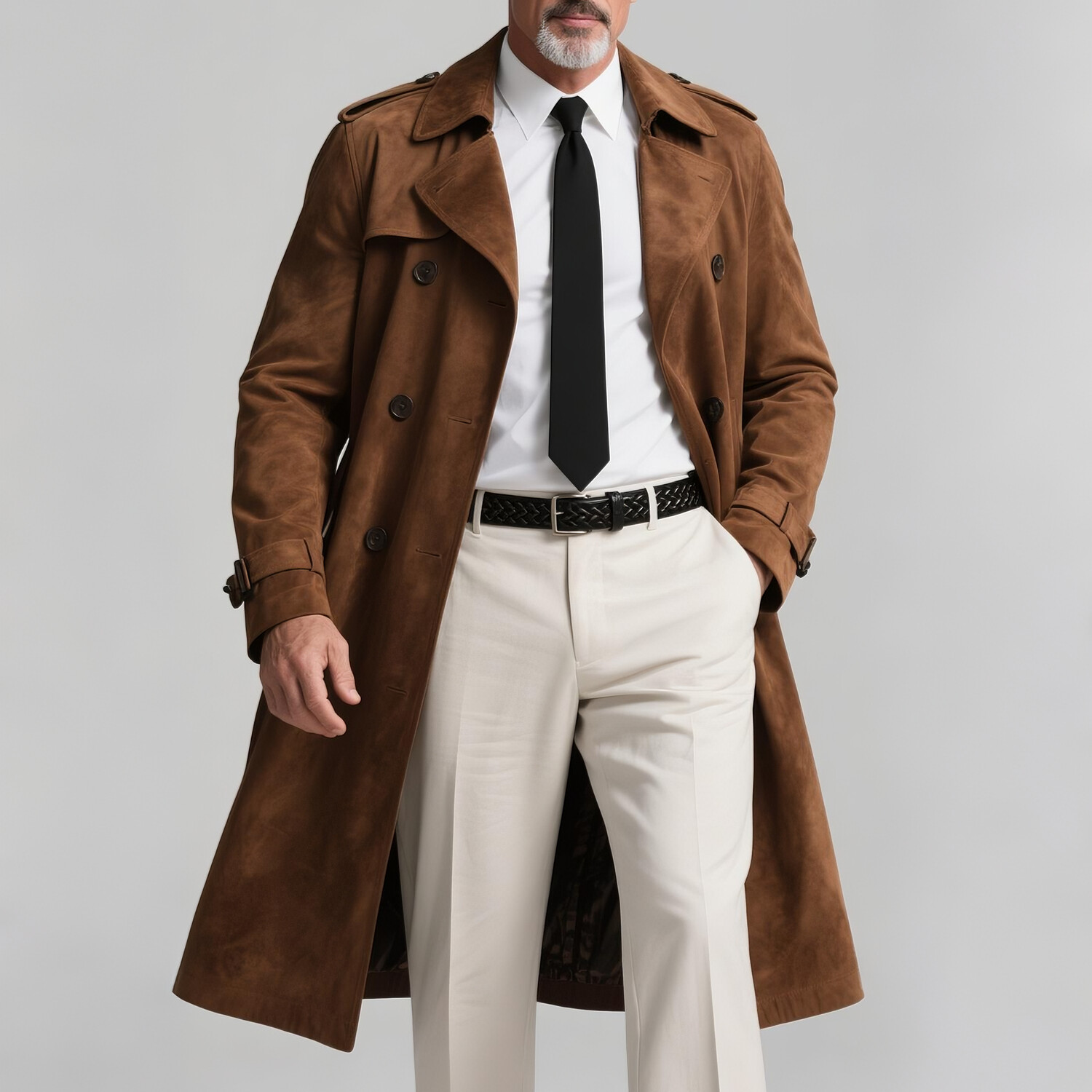Men's Business Lapel Double Breasted Long Sleeve Mid Length Suede Trench Coat