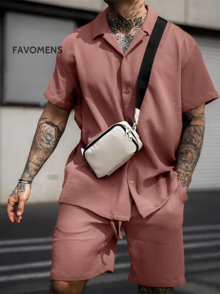 Men’s Fashion Casual Button Down Lapel Shirt Short Sleeved Shorts Suit Pink / M