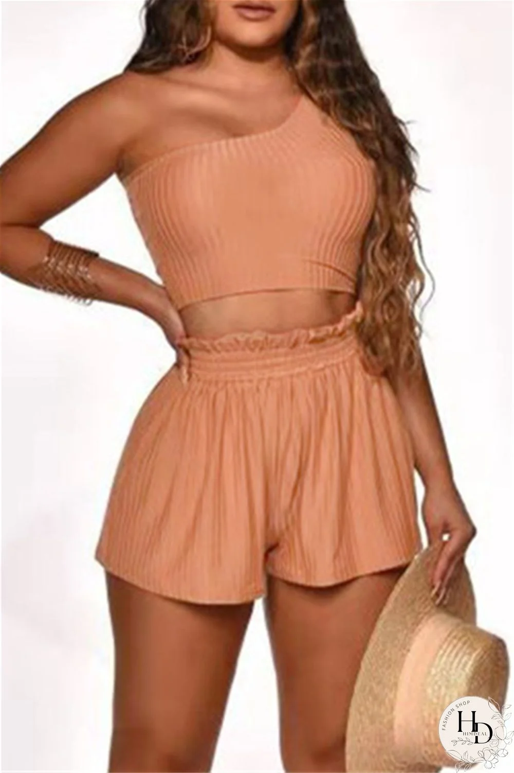 Orange Fashion Casual Solid Vests One Shoulder Sleeveless Two Pieces