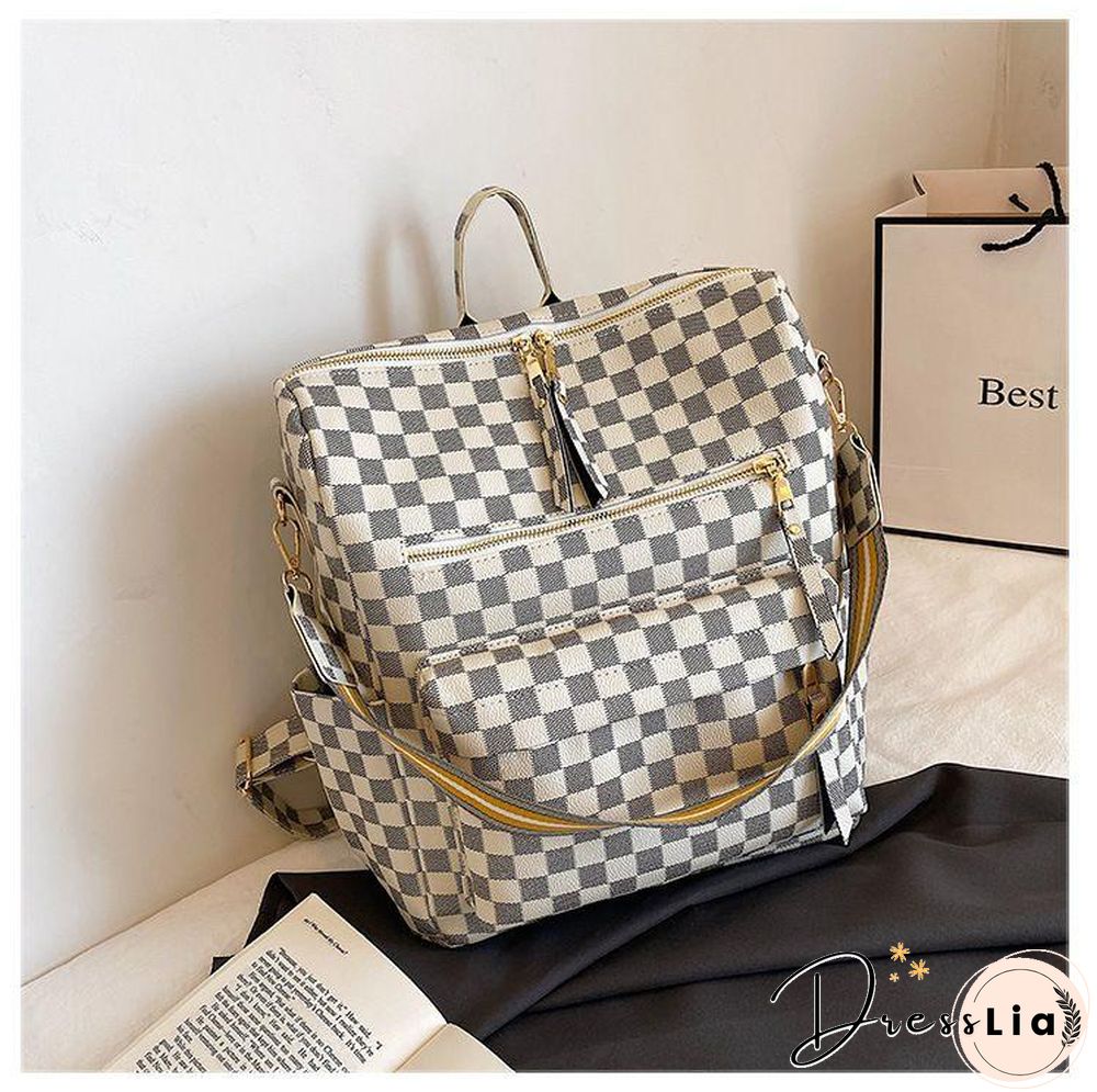 Retro Faux Leather Check Pattern Print Rucksack Vegan Backpack Tote