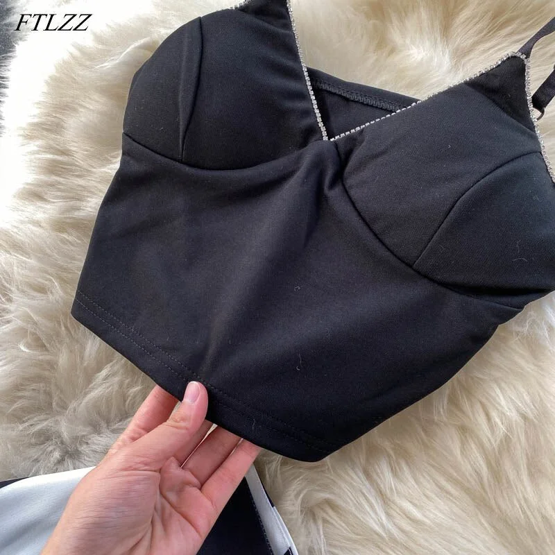 FTLZZ 2021 Women Suit 2 Piece Set Short High Waist Black and White Striped Wide Leg Pants Sexy Party Club  Women 2 Piece Set