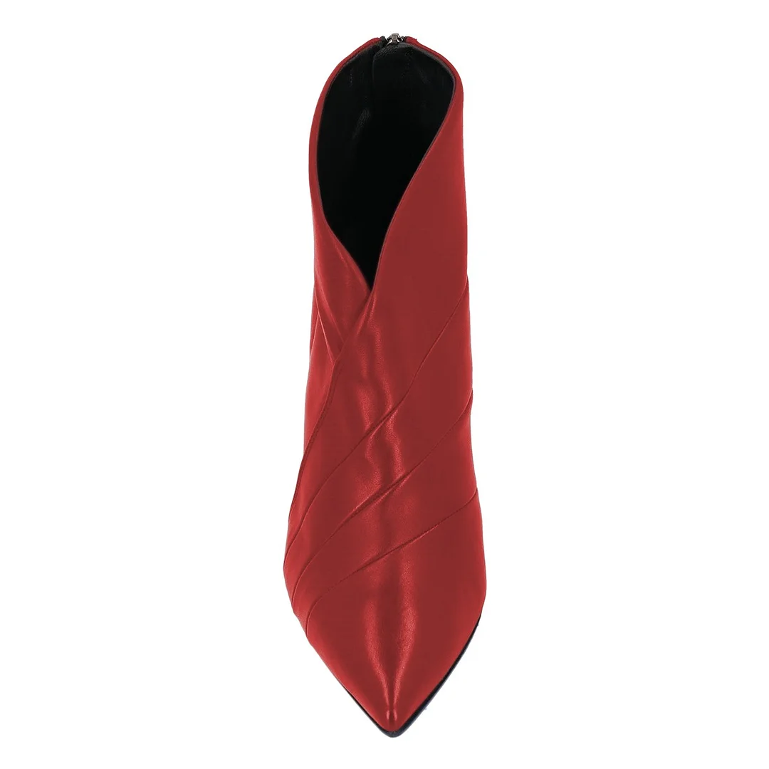 Red Vegan Leather Pointed Toe Chunky Heeled Ankle Boots with Wrinkle