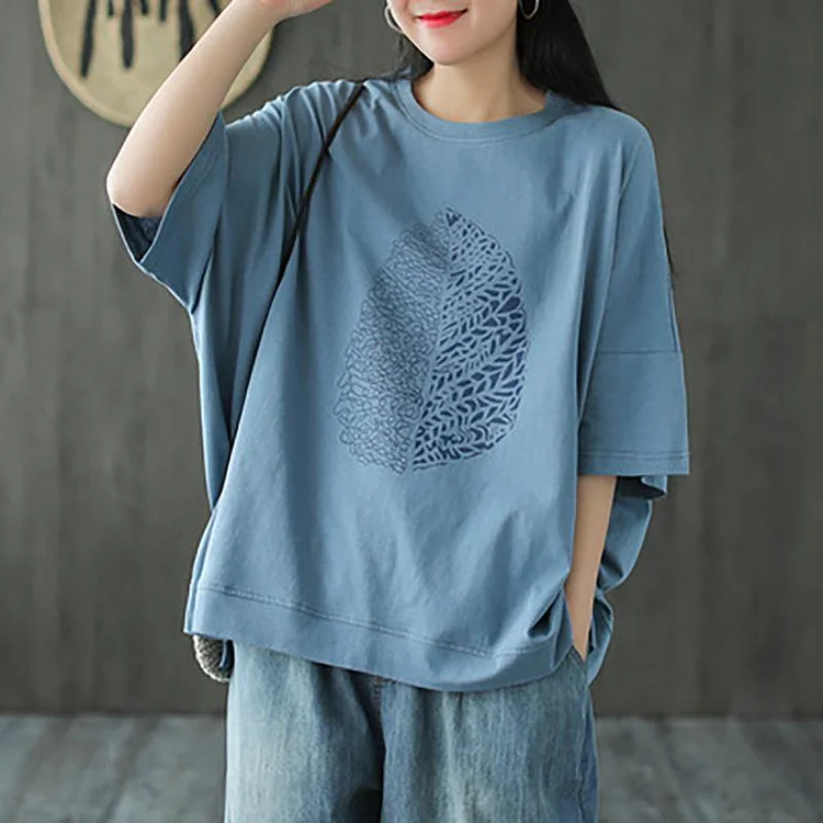 Leaf Print Summer Half Sleeve Cotton Shirt Tees