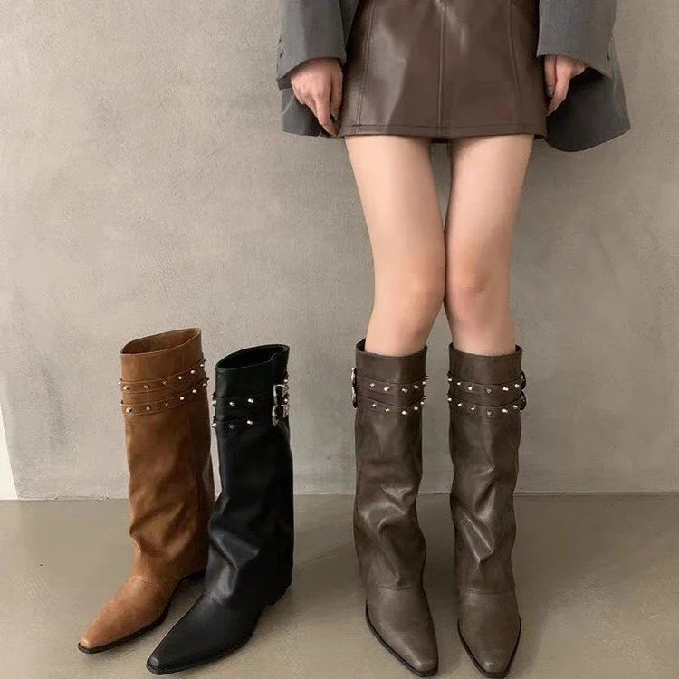 Yyvonne Trouser Boots Women Design Double Buckle With Sharp Head Thick Heel Retro High-Heeled Boots Hot Girl High Boots Tide Women's Shoes