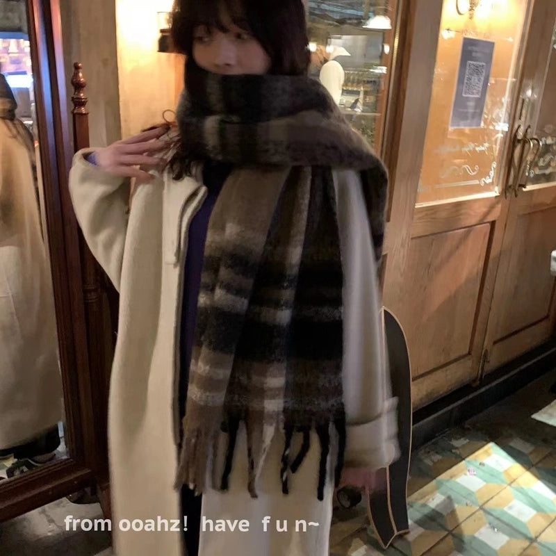 Autumn And Winter Thickened Scarf Women’s Korean-style Rainbow Plaid Tassel Mohair Shawl Student Versatile Warm Scarf Fashion