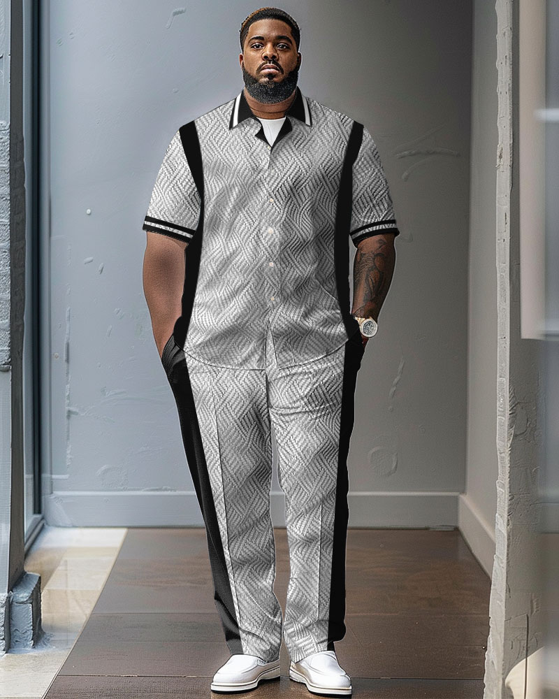 Geometric Textured Colorblock Large Size Classic Printed Men's Short Sleeve Pants Set
