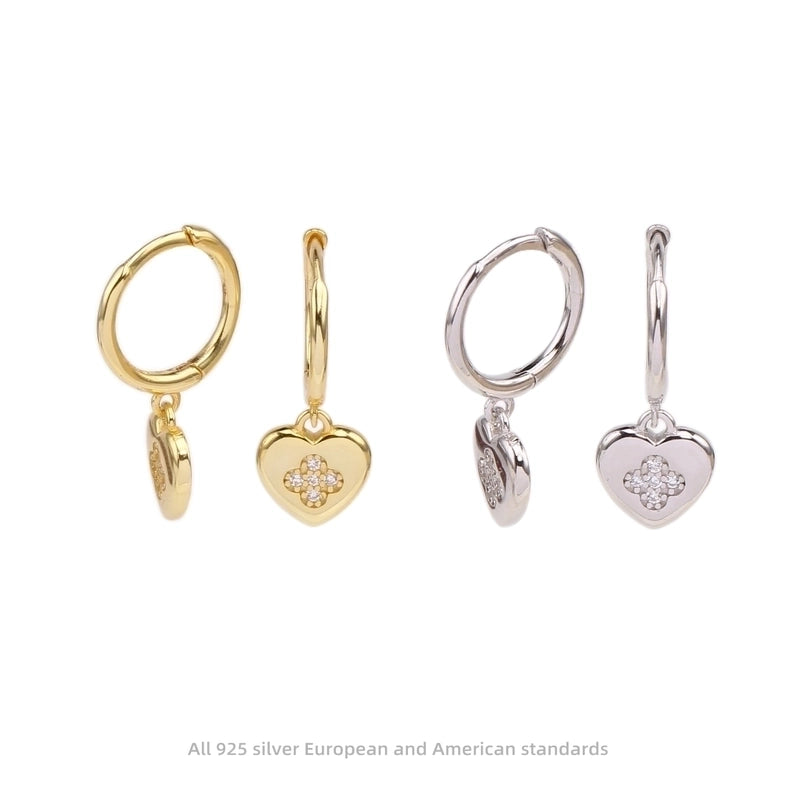1 Pair 925 Sterling Silver Zircon Heart Shape Drop Earrings