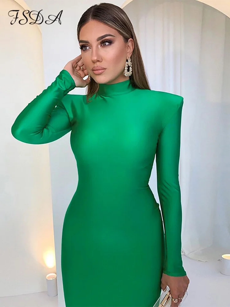 Midi Green Long Sleeve 2022 Women Dress Party Autumn Winter Turtleneck Black Sexy Bodycon Dresses Elegant Club