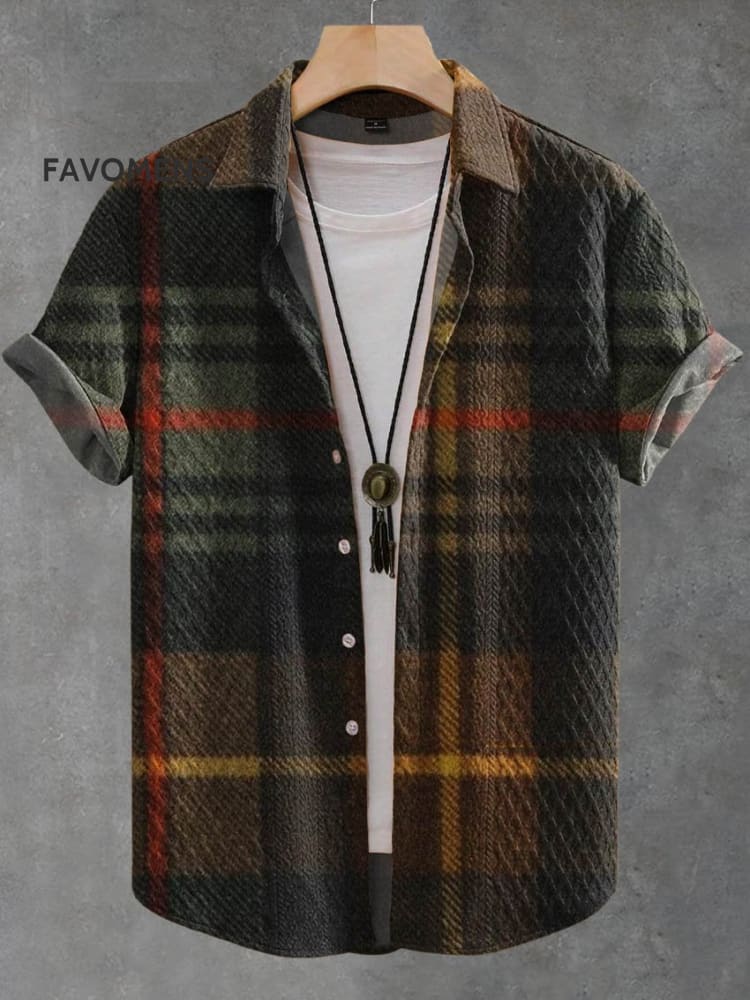 Vintage Plaid Art Print Casual Jacquard Shirt Multicolor / S