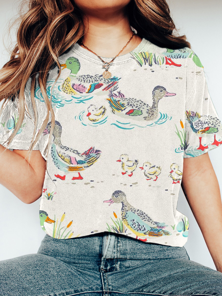 Comstylish Farm Ducks Print Washed Cotton T-Shirt