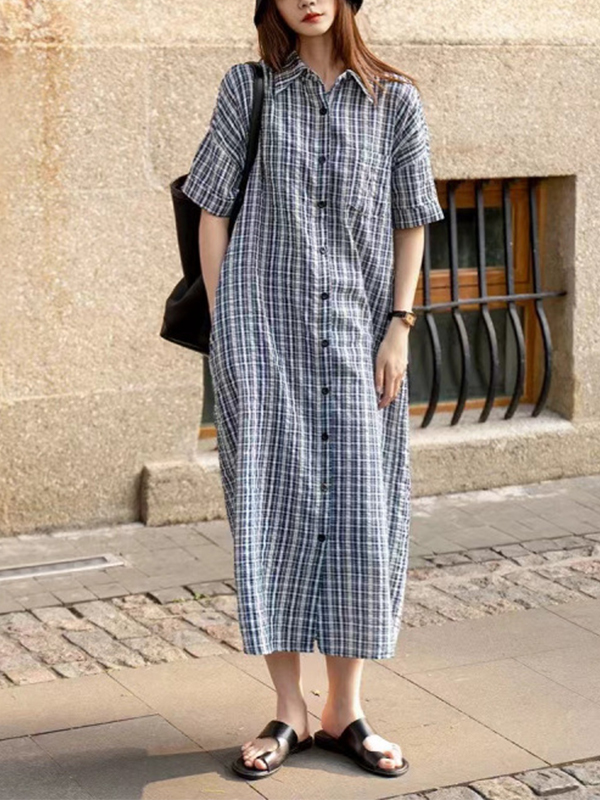 Checked Pattern Single Breasted Lapel Chest Pocket Maxi Dress
