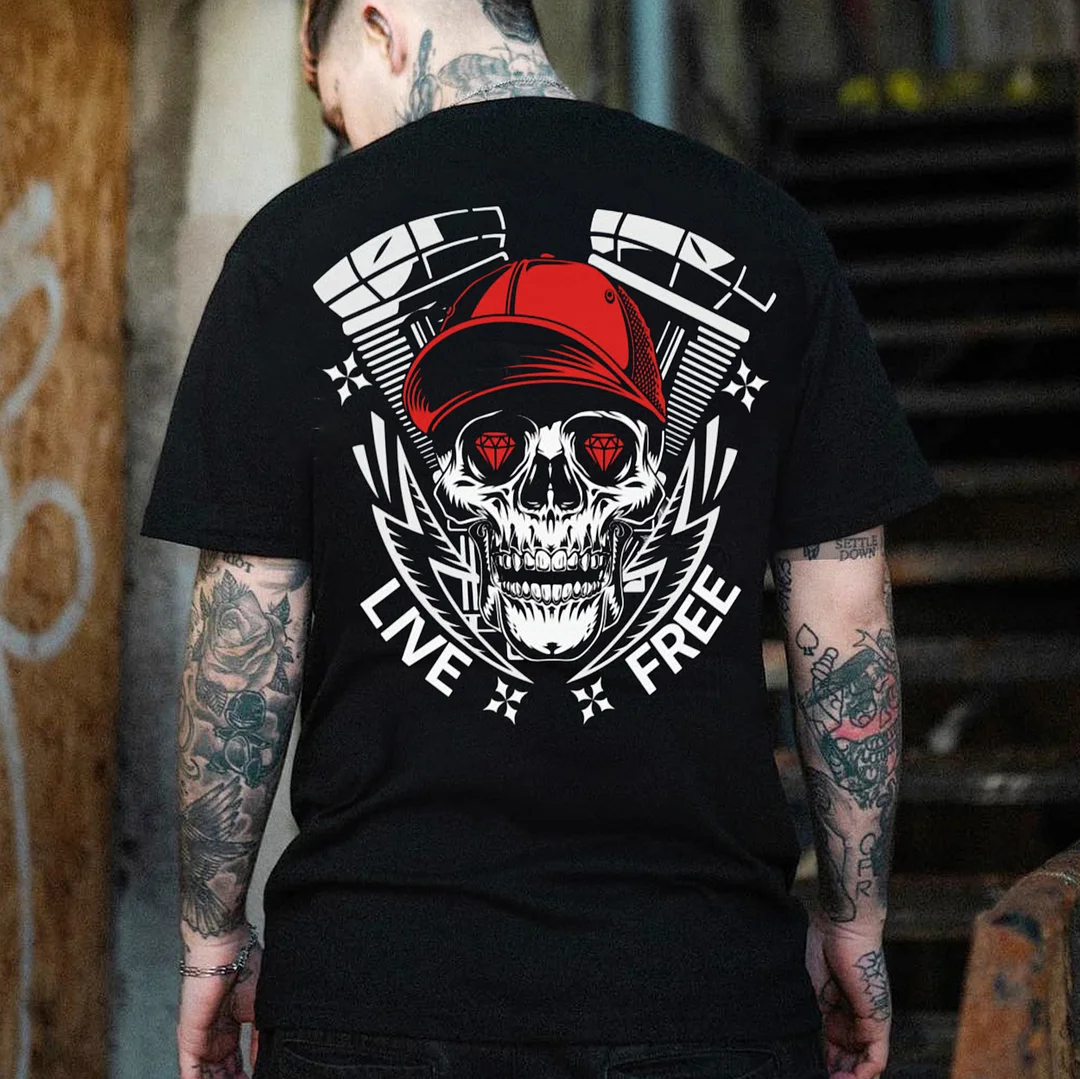 LIVE FREE Skull Engine Print Men's T-shirt