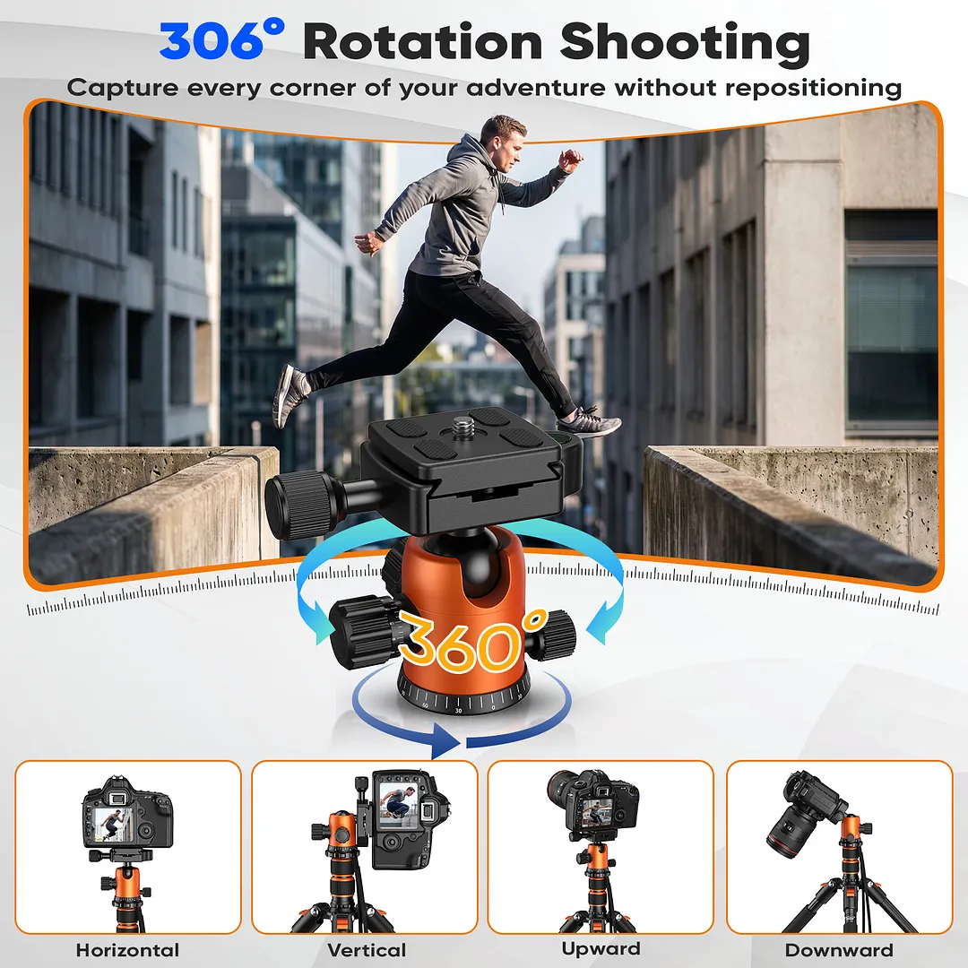 BEBANG 67" Camera Tripod for DSLR Cameras, Aluminum Travel Tripod with Monopod, 360&deg; Ball Head, 17.6lb Load Capacity, Lightweight DSLR Tripod
