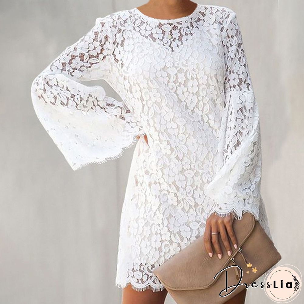 Womens Summer Long Sleeve Lace Crochet Flared Sleeve O-Neck Mini A-Line Dress
