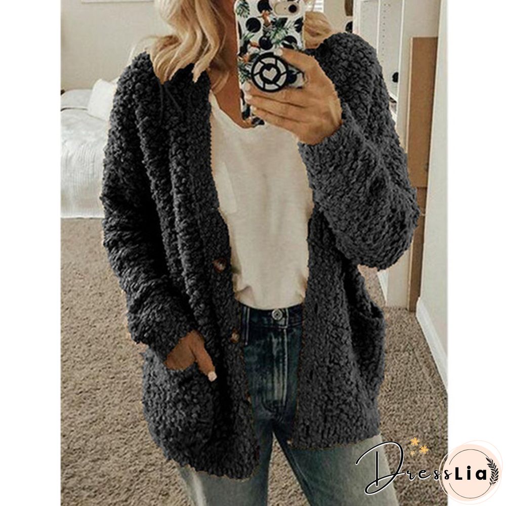 Women Winter Fashion Loose Long Sleeve Solid Color Plush Cardigan Sweater Coat Tops Button Casual Outwear XS-5XL