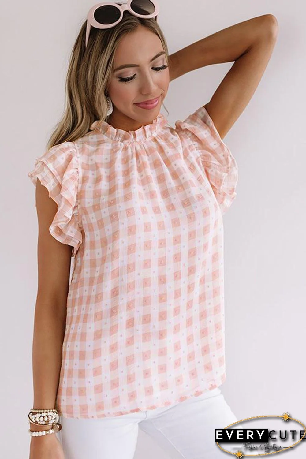 Pink Plaid Ruffled Short Sleeves Tee