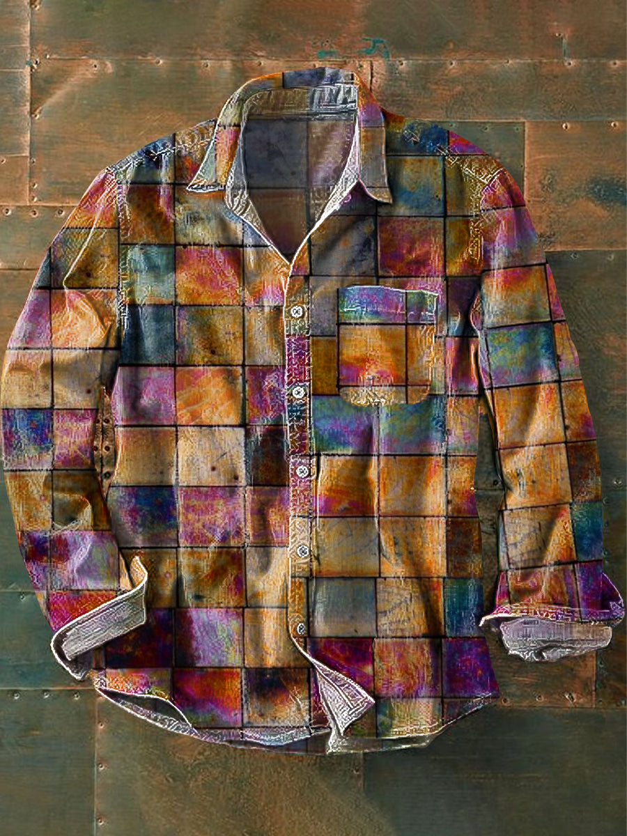 Men's Vintage Abstract Colorful Plaid Art Print Long Sleeve Pocket Shirt