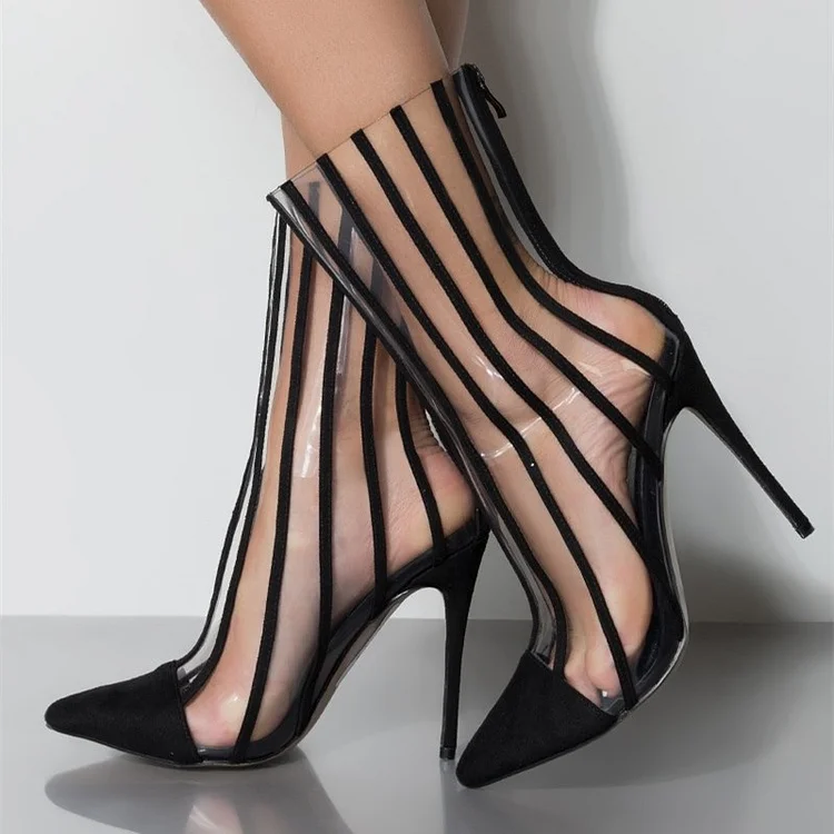 Black Transparent Stripes Pointy Toe Stiletto Heel Ankle Boots |FSJ Shoes