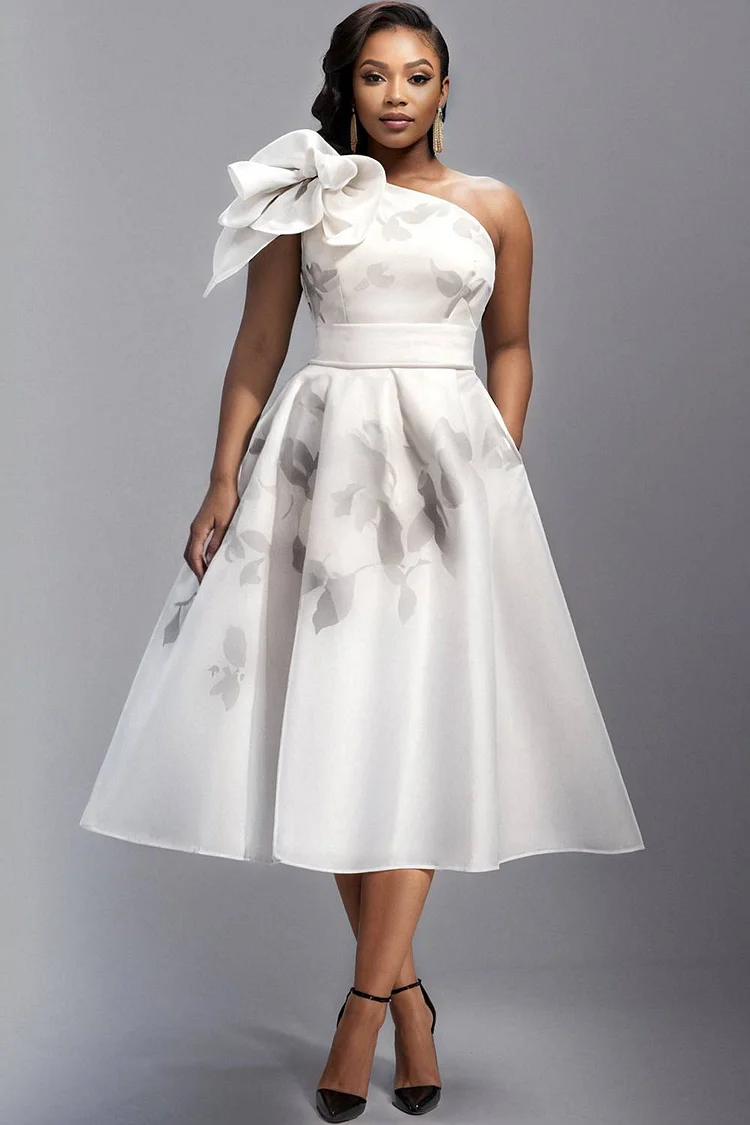 Xpluswear Design Plus Size Wedding Guest White Floral One Shoulder 3D Elegant Pocket Chiffon Midi Dresses [Pre-Order] 2024 - Xpluswear