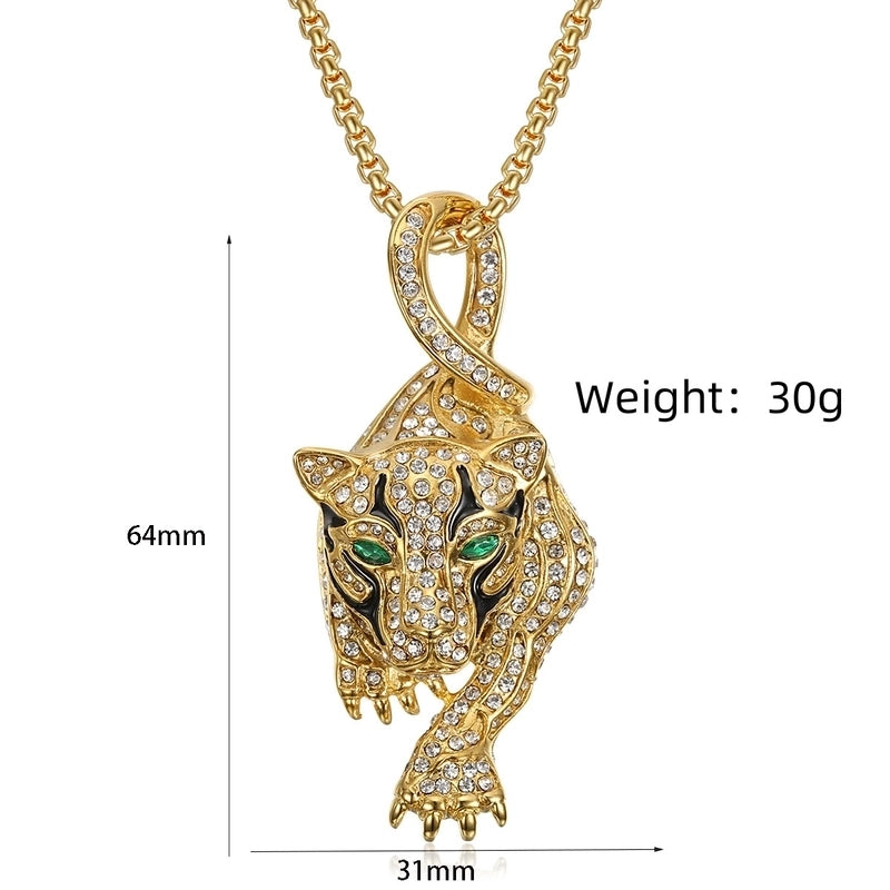 Hip-Hop Jaguar Titanium Steel Enamel Plating Rhinestones 18K Gold Plated Men’s
