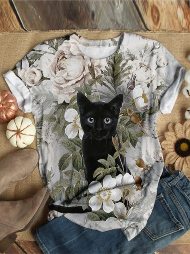 Cat Pattern Casual Floral-Print Shirts & Tops