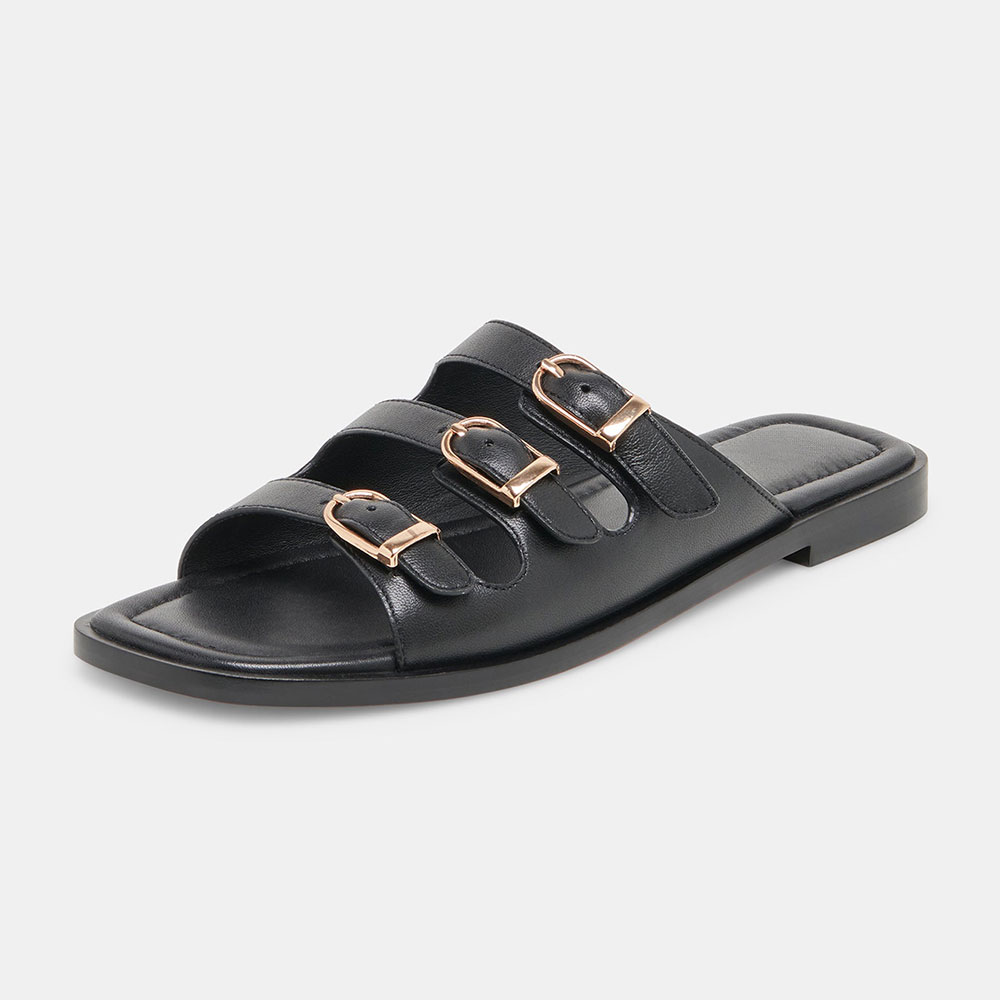 Black Square Toe Strappy Buckle Flat Slide Sandals for Women Nicepairs