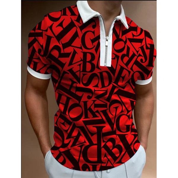 Lettering Pattern Casual Short Sleeve Tops Zipper Men's Polo Shirts at Hiphopee