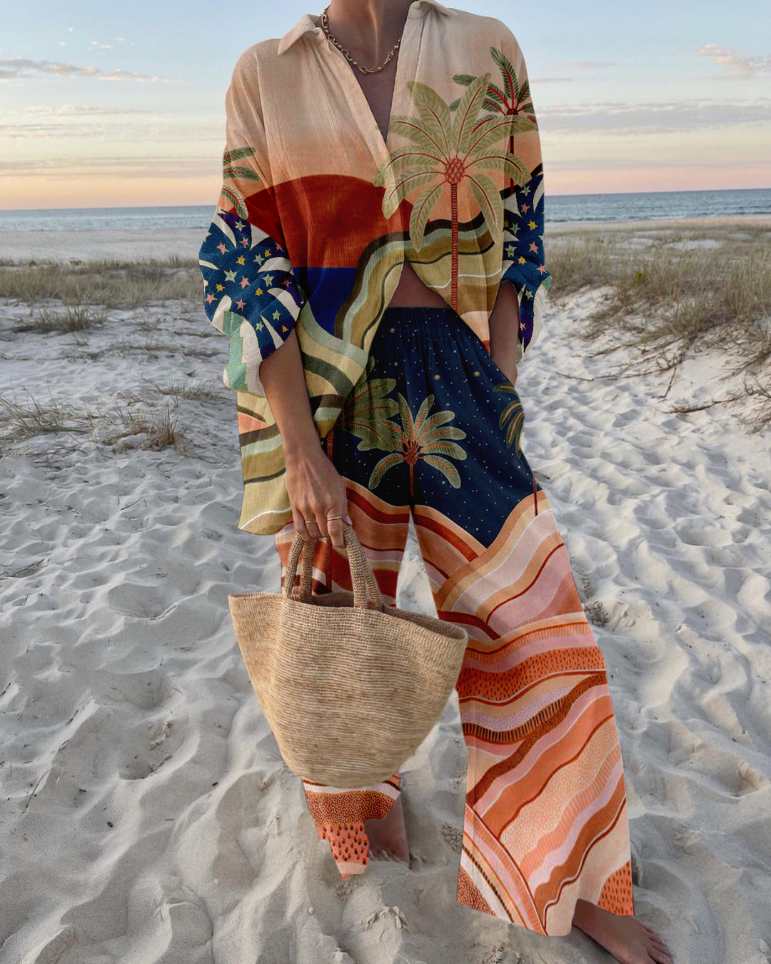Sunset Palms Print Relaxed Two-Piece Set