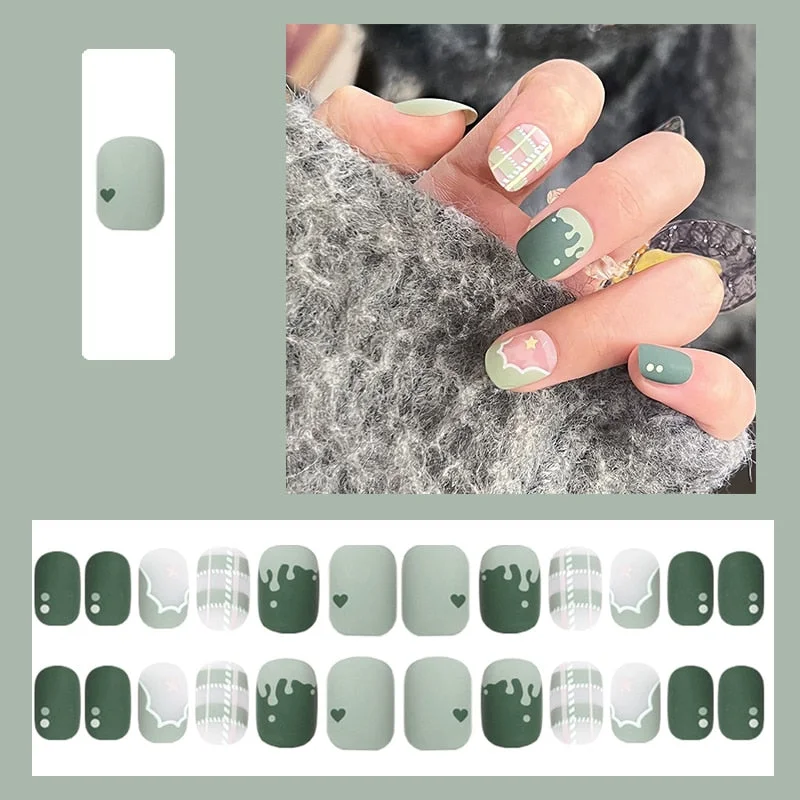 false nails short Green Solid Color with Gold Foil and Shell 3D Decoration Fake Nails Cute Bride Fake Nails Full Nail Tips-Nail Inspo