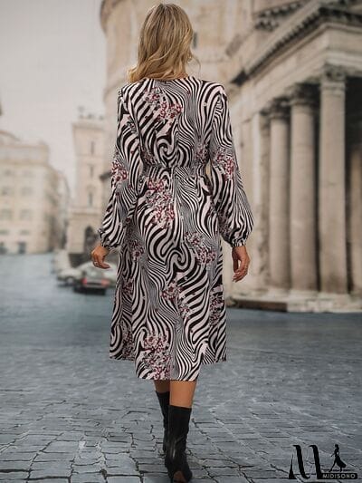 MidiSono - Animal Print Smocked Surplice Long Sleeve Dress