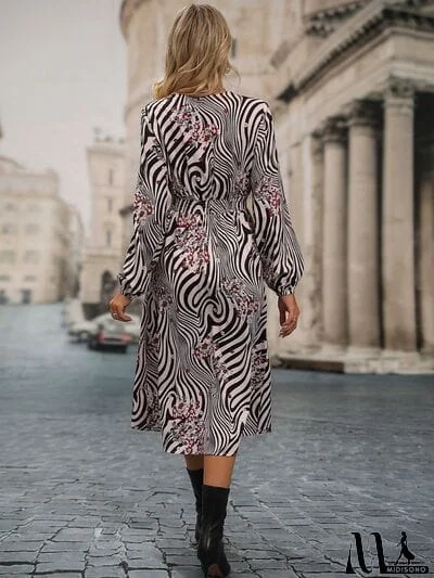 MidiSono - Animal Print Smocked Surplice Long Sleeve Dress