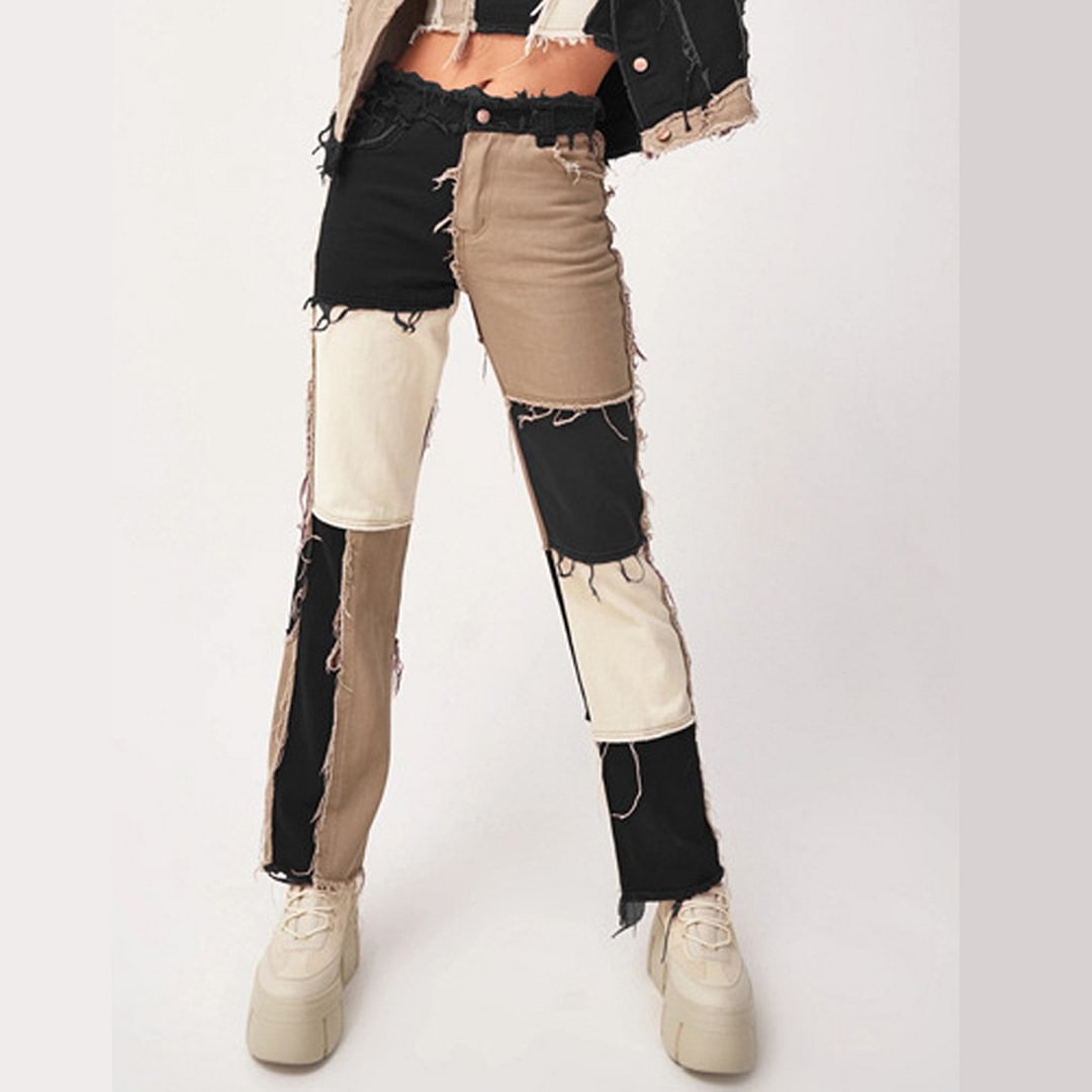 Straight Solid Color Pocket Stitching Basic Casual Loose Mid Jeans